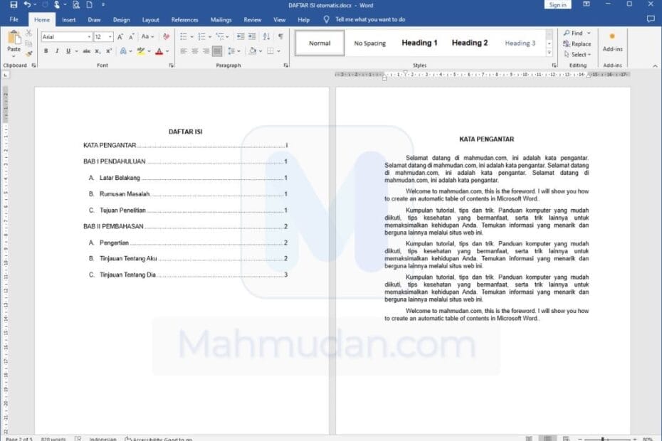 Contoh Daftar Isi Otomatis di Word – Download Gratis
