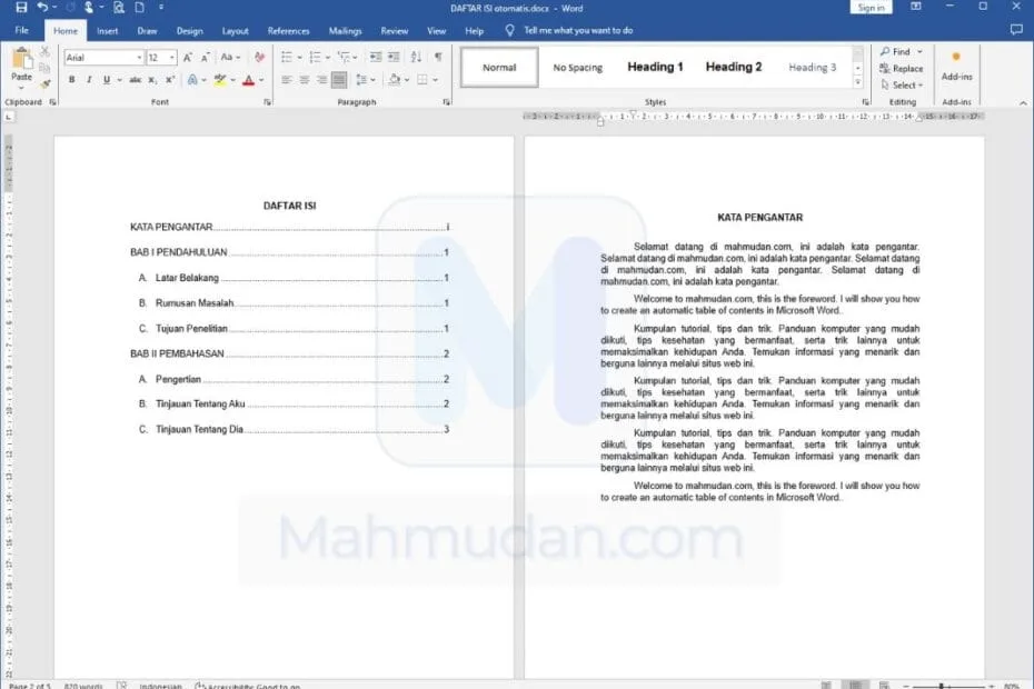 Contoh Daftar Isi Otomatis di Word – Download Gratis